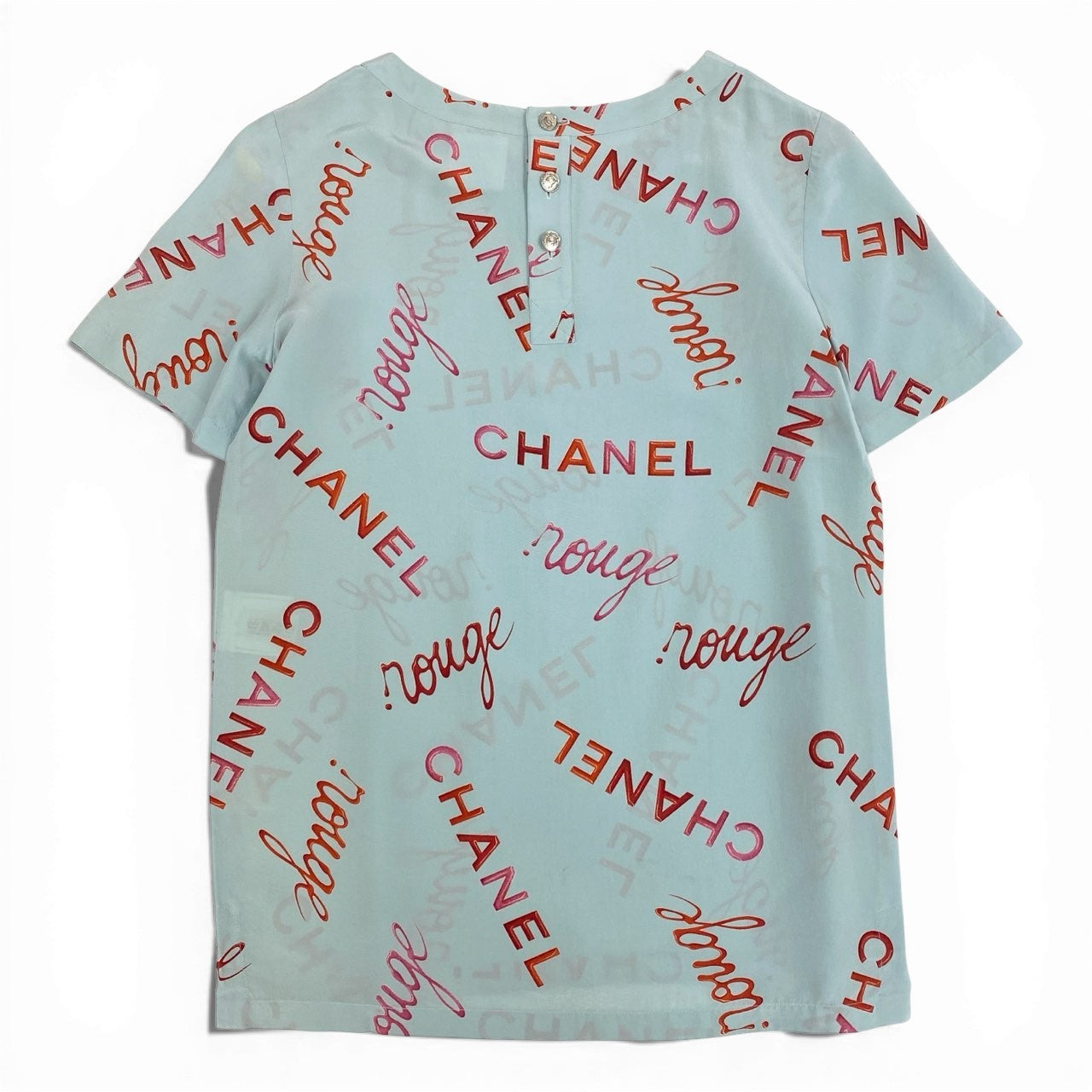 Ca15 【archive】CHANEL ヴィンテージ シャネル 1996年 96P ロゴプリント シルクブラウス 半袖ブラウス サイズ36 ブルー系 レディース トップスta1