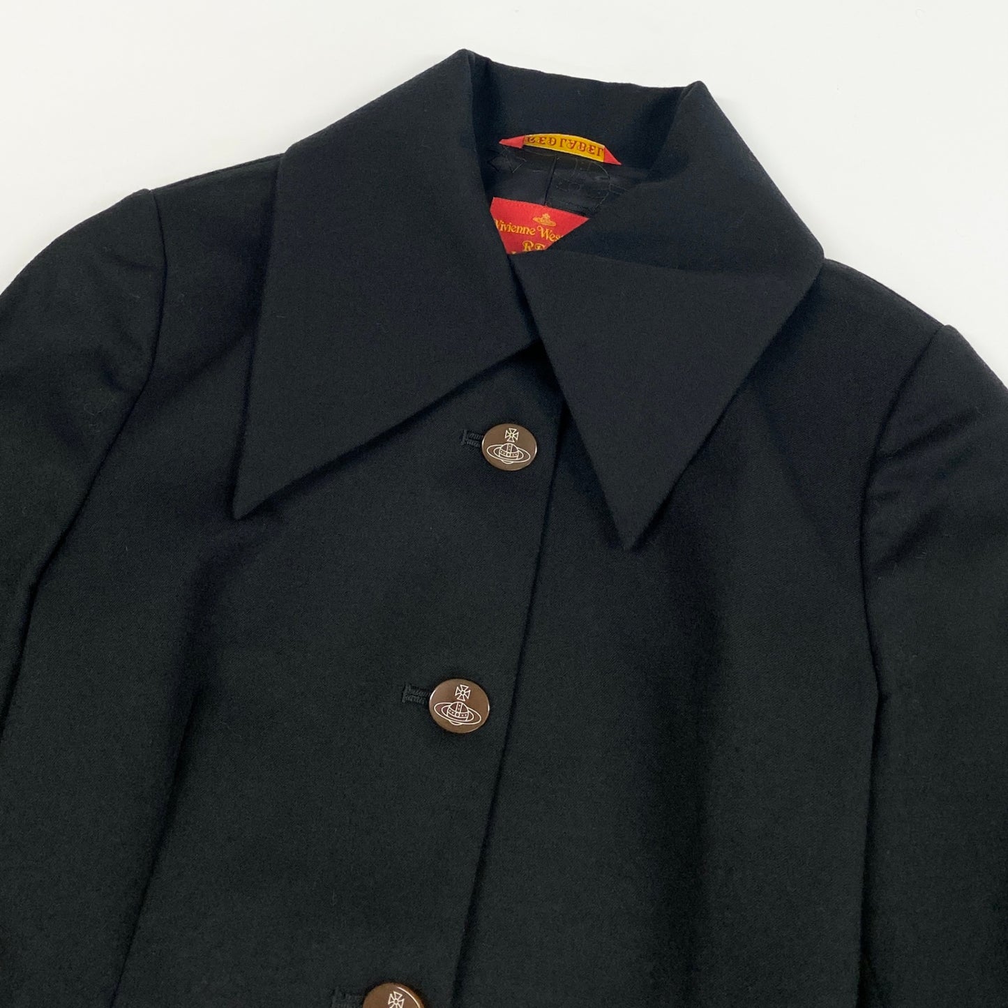 28k6《美品》 Vivienne Westwood RED LABEL ヴィヴィアンウエストウッド レッドレーベル オーブボタン カシミヤブレンド Aライン ジャケット 1 ブラックt18r