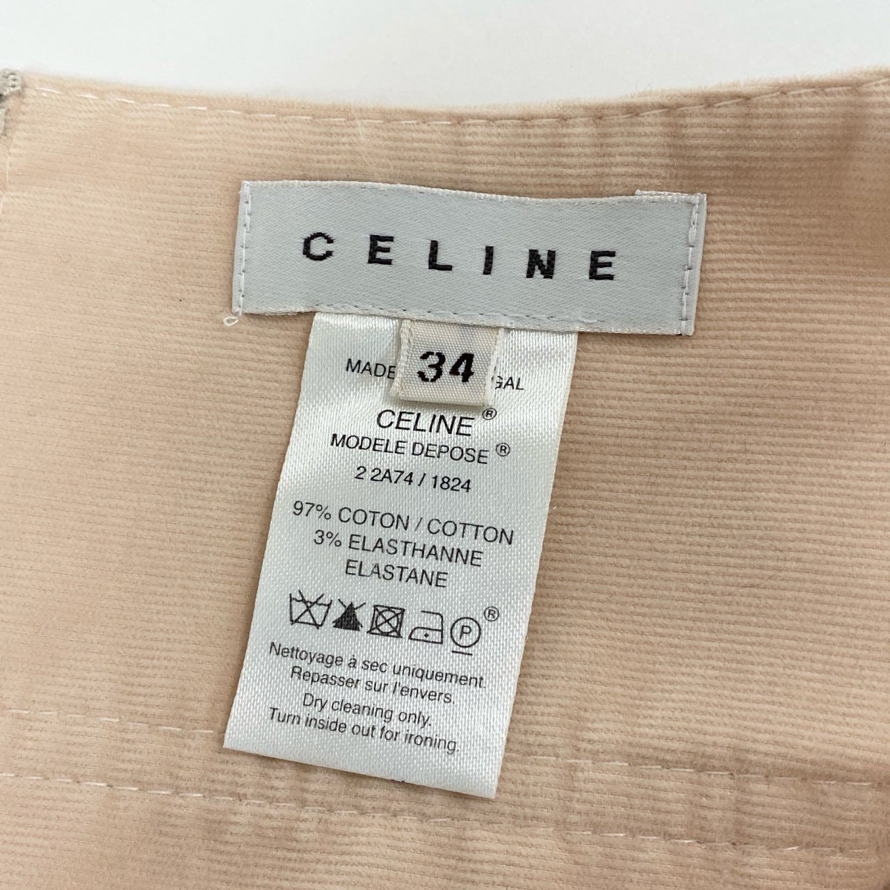 74c14 CELINE セリーヌ コーデュロイスカート 台形スカート タックスカート バックル 膝丈スカート バックジップ 2A74/1824 34 ベージュ