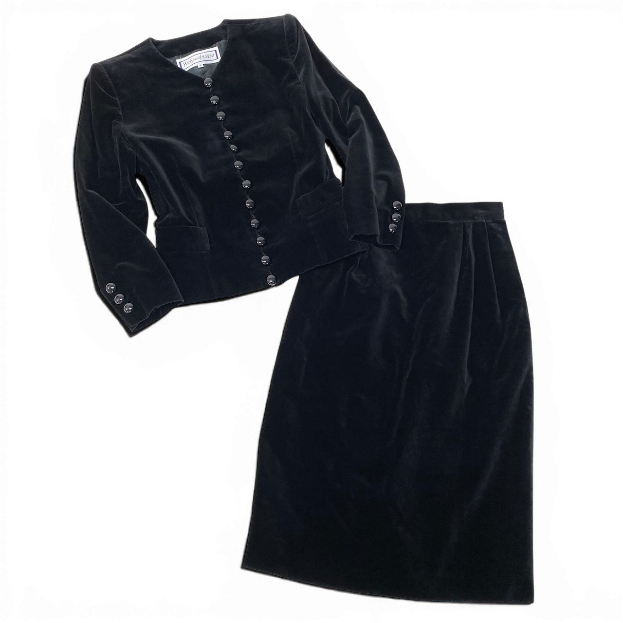 Eg6 YVES SAINT LAURENT イヴサンローラン セットアップ スカートスーツ ベロア ノーカラージャケット  サイズS ブラック レディースo07t