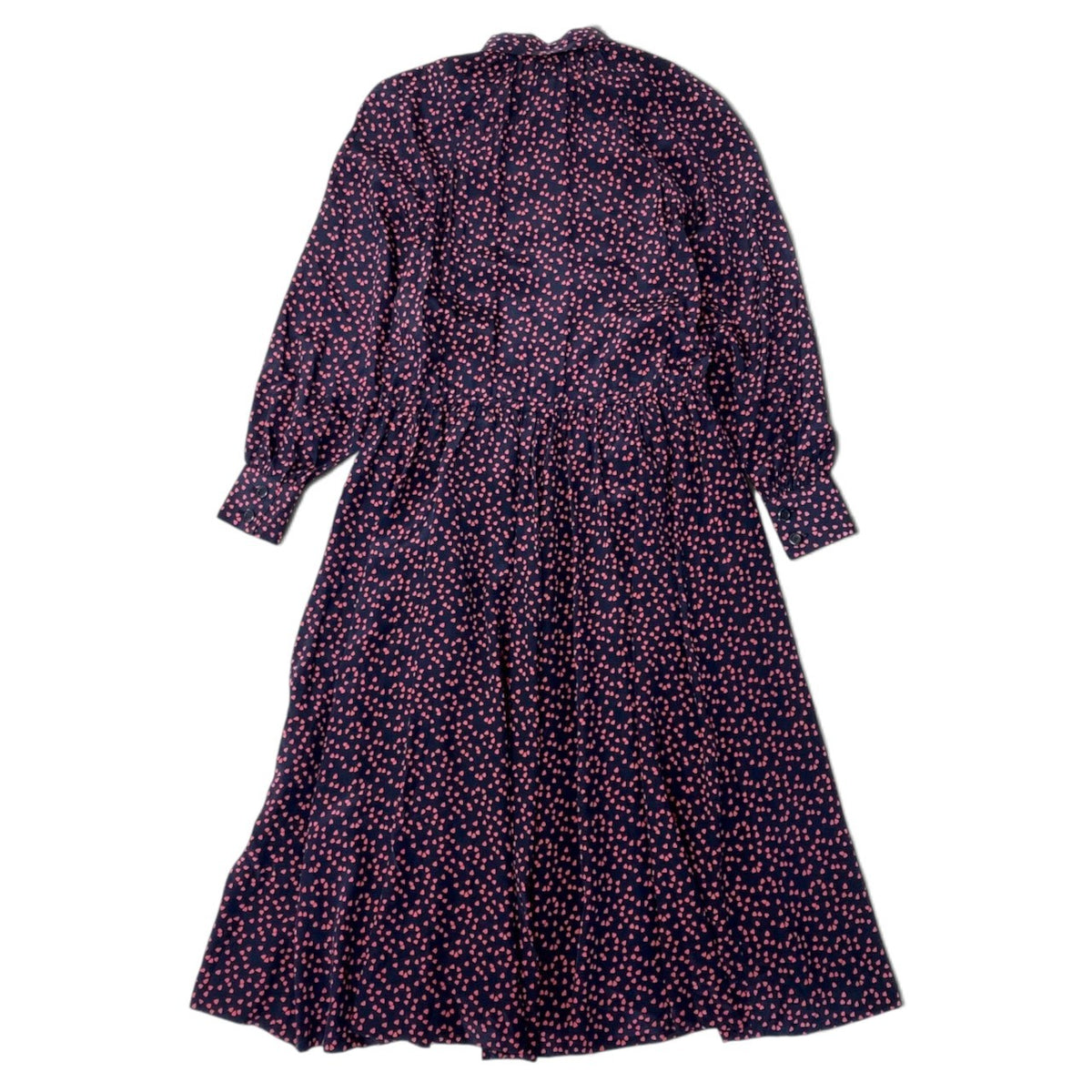 88i15 Christian Dior クリスチャンディオール ロングスリーブ シルクシャツワンピース 総柄 ハートプリント サイズ7 ネイビー レッド レディースo07t