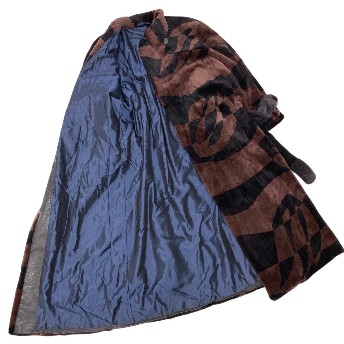 93h8 シェアードミンク 幾何学模様 ロングコート サイズF ブラウン ブラック 本毛皮 Mink Fur Coat ベルト付t18r