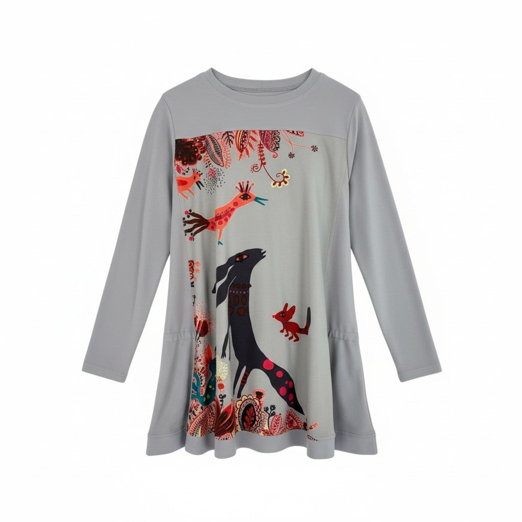 76k21 TOKUKO 1er VOL トクコプルミエヴォル チュニックワンピース サイドリボン アニマルプリント ストレッチ○ レディース 女性用 9 グレーu02t