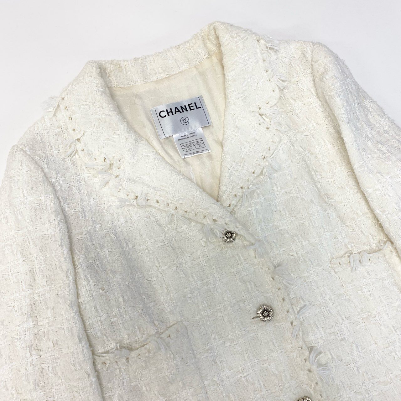 Ca15 CHANEL シャネル 2005 カメリアボタン ツイードジャケット 05C Tweed Jacket P24873V15453 42 ホワイト レディースo07t