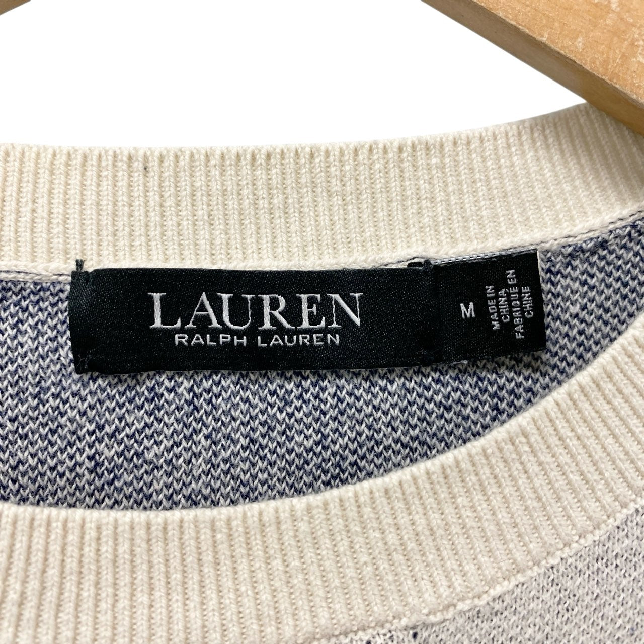 5c6 LAUREN RALPH LAUREN ローレンラルフローレン 半袖ニット サマーセーター 近年 M ホワイト ネイビー コットン レディースu02t