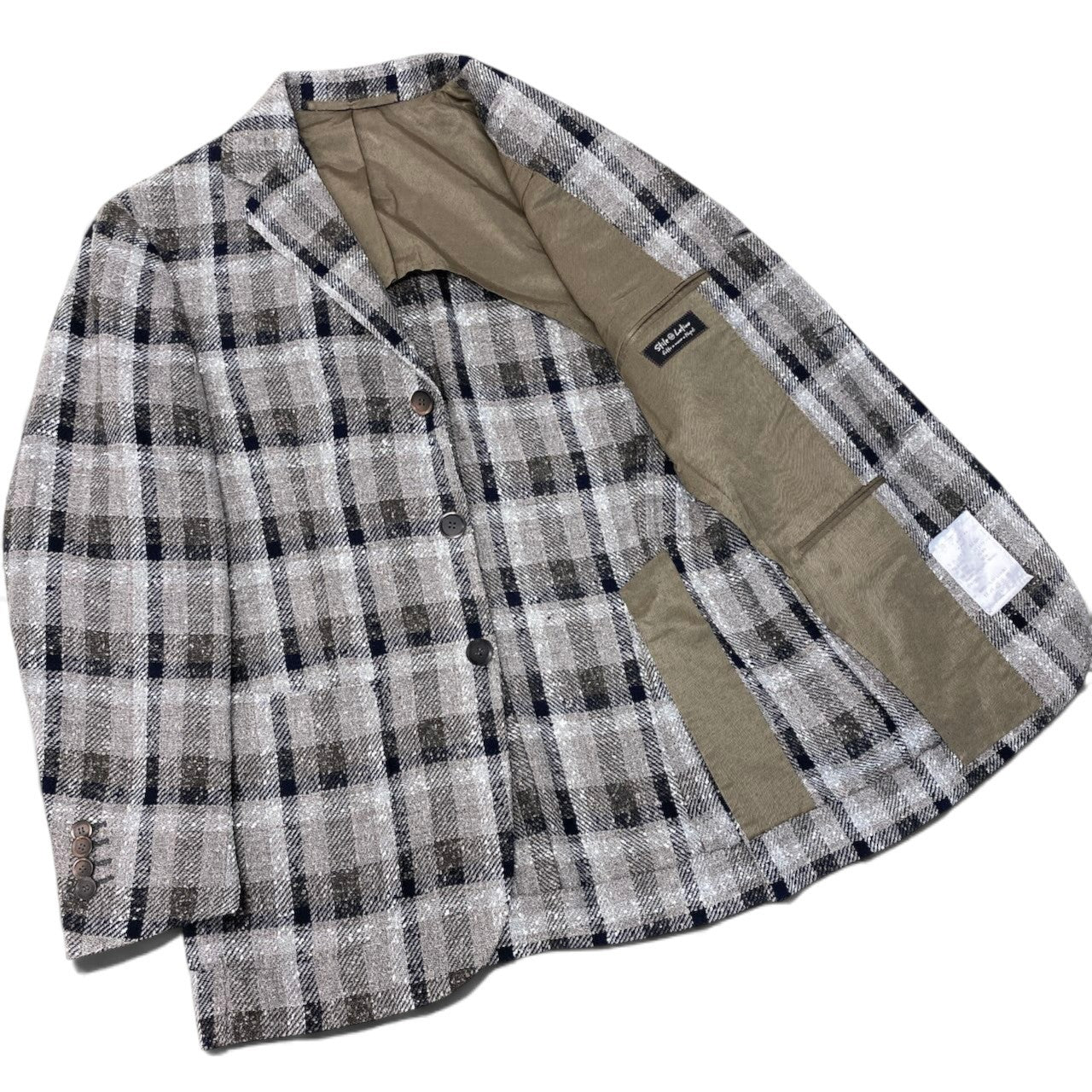 77h20【美品】Stile Latino スティレラティーノ テーラードジャケット チェック柄 リネン混 本切羽 スラブヤーン 42サイズ ブラウン メンズ 男性用k02i