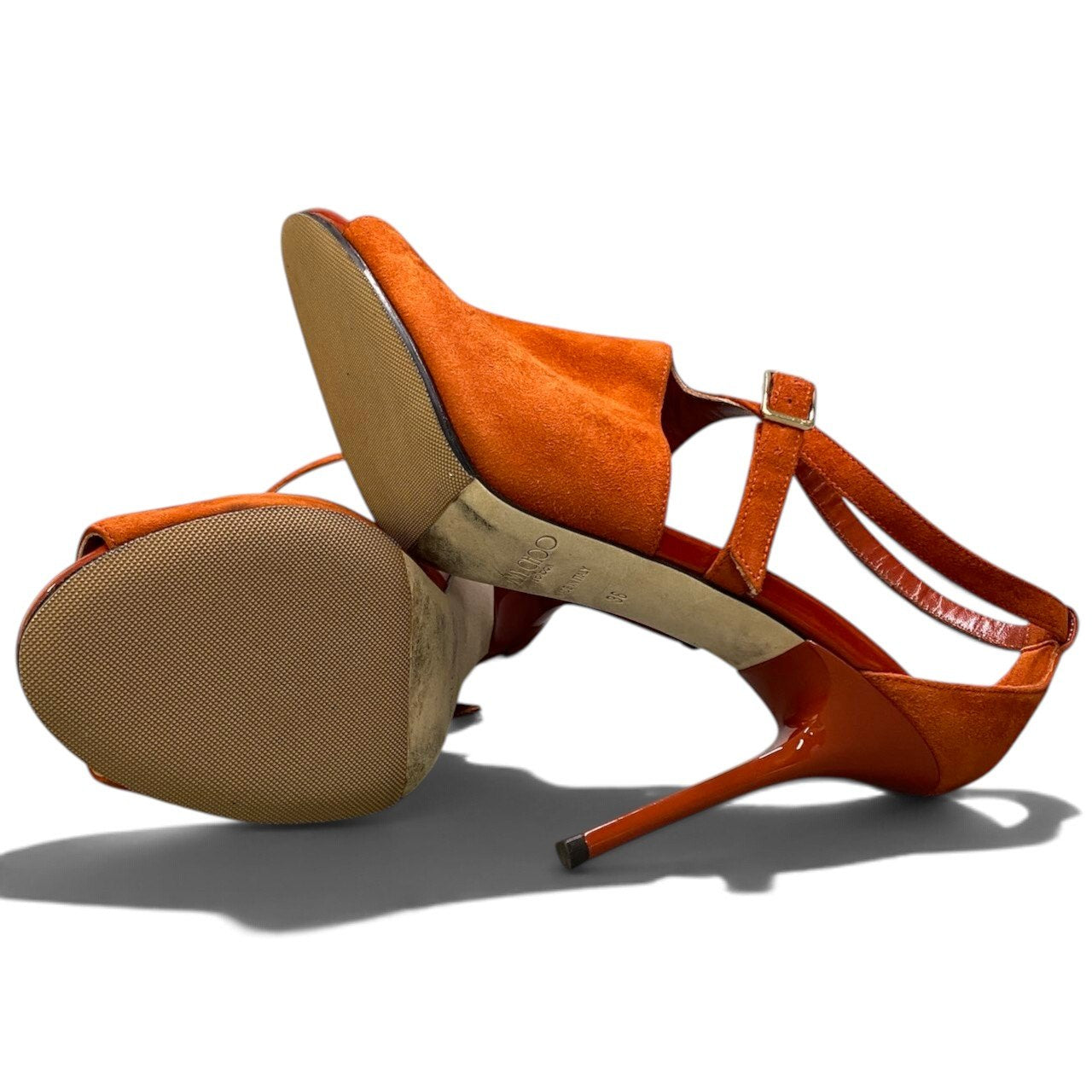 i1 JIMMY CHOO ジミーチュウ オープントゥ ストラップ ヒールサンダル サイズ36 オレンジ系 スウェードレザー レディースk02i