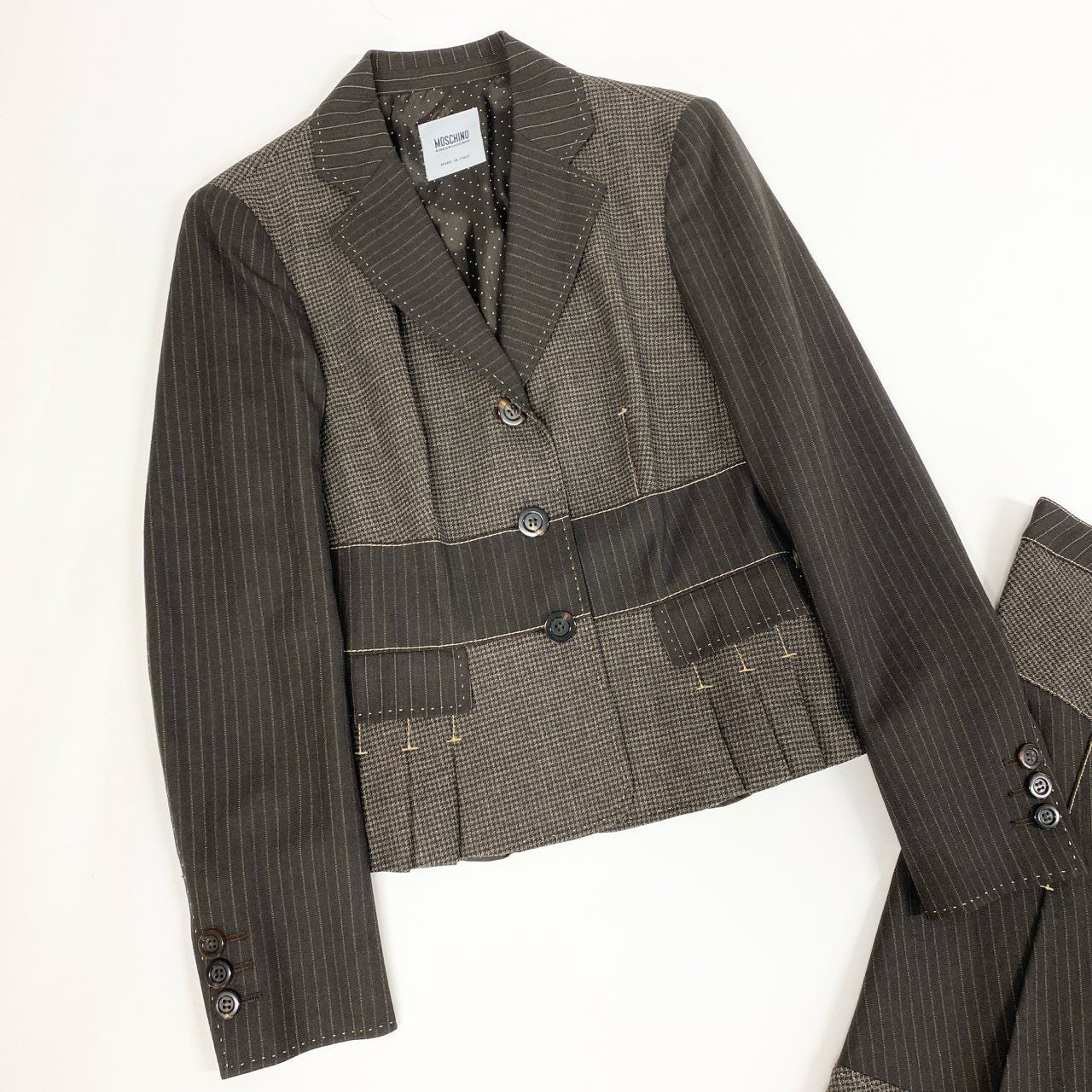 30b11【美品】MOSCHINO モスキーノ スカートセットアップ ジャケット プリーツスカート パッチワークデザイン Sサイズ相当/40サイズ ブラウン系 画像参照 レディース 女性用u02t