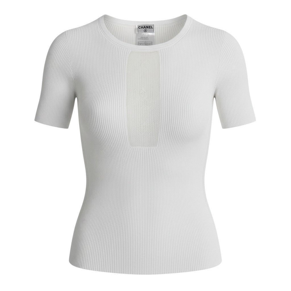 Cb19 CHANEL シャネル P20589 2003年 ジャガード ココマークロゴ リブニット 半袖タイトニット サイズ34 ホワイト レディース トップスta1