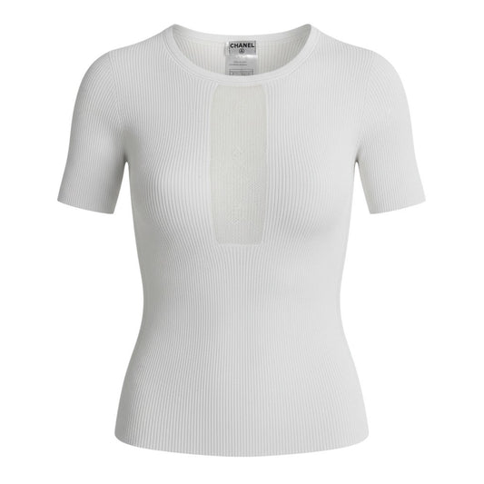 Cb19 CHANEL シャネル P20589 2003年 ジャガード ココマークロゴ リブニット 半袖タイトニット サイズ34 ホワイト レディース トップスta1