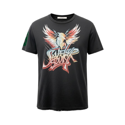 44b17 GIVENCHY ジバンシィ 半袖Tシャツ プリントTシャツ ディストレイスト加工 Sサイズ ブラック コットン100％ メンズ 男性用u02t