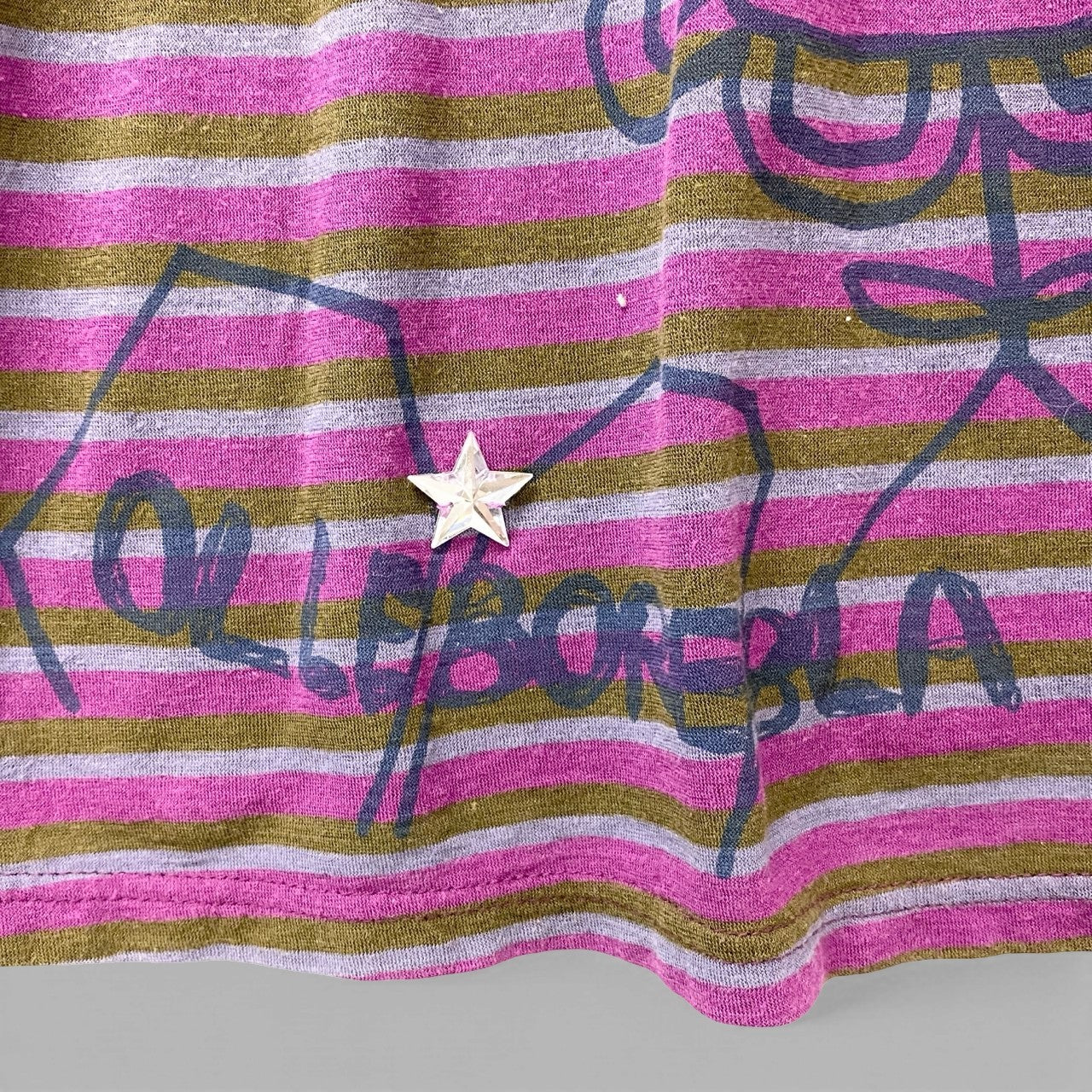 44b18 OLLEBOREBLA オレボレブラ 半袖Tシャツ チュニックワンピース ボーダー ビーズ装飾 ブタさん フラワモチーフ レディース マルチカラーo07t