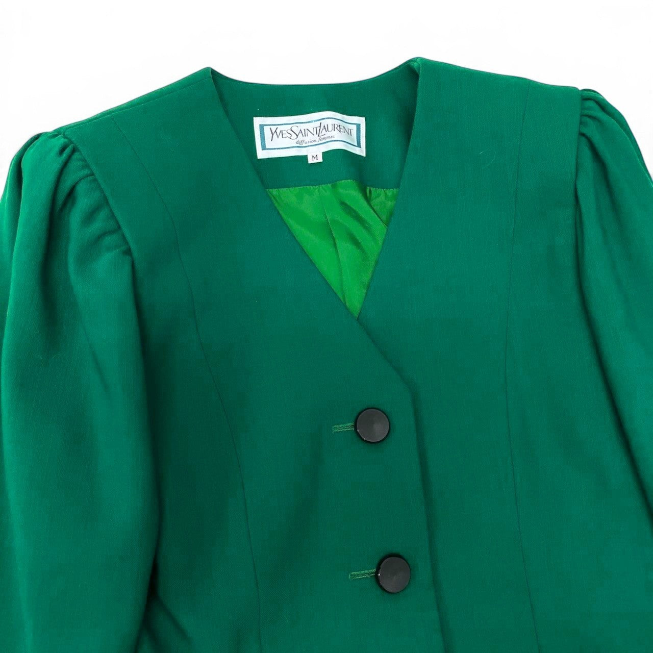 28h31 YVES SAINT LAURENT イヴサンローラン ノーカラージャケット サイズM グリーン レディースo07t
