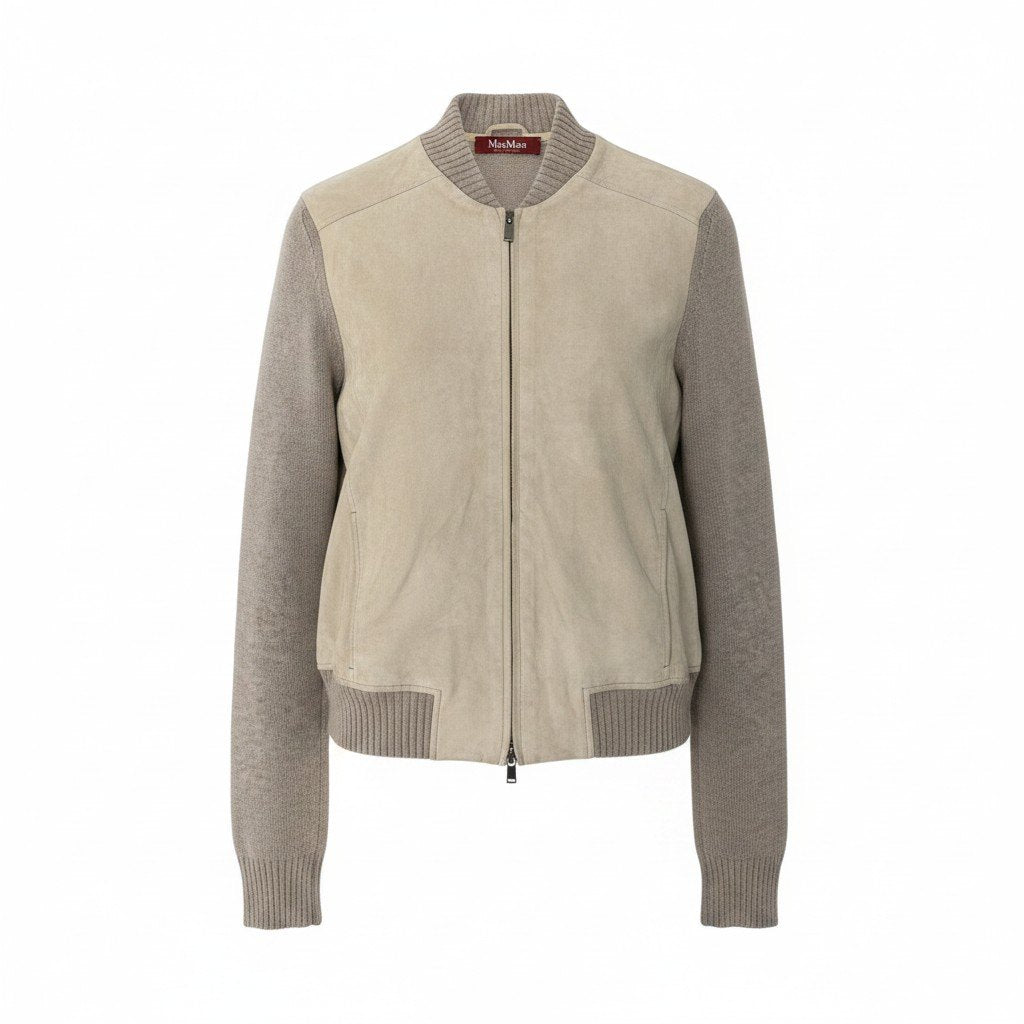 26g18 MaxMara STUDIO マックスマーラ ステュディオ スエード ニット切替ジャケット ウールカシミヤ混 レザー サイズM ベージュ レディースu02t