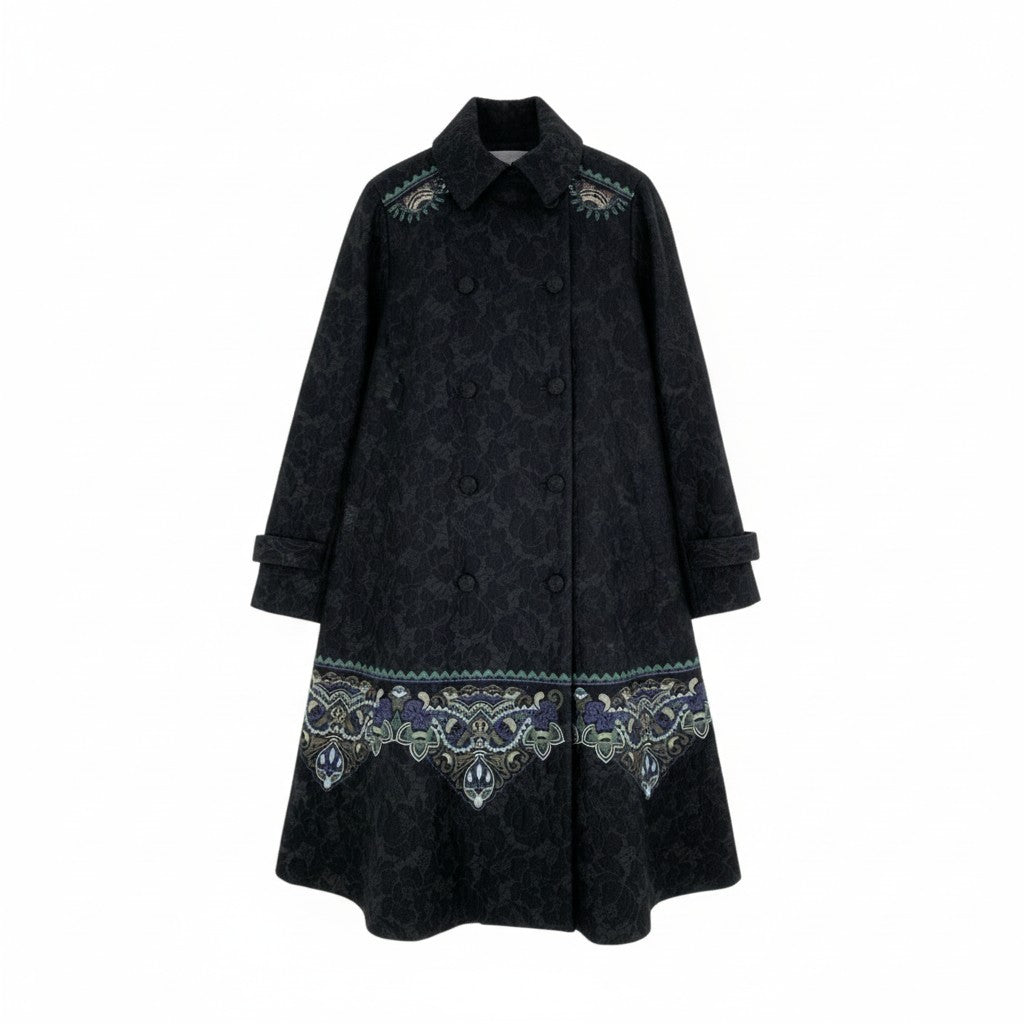 82k28 TOKUKO 1er VOL トクコプルミエヴォル ロングコート Aライン アウター フラワージャガード 刺繍 9 ブラック レディースu02t