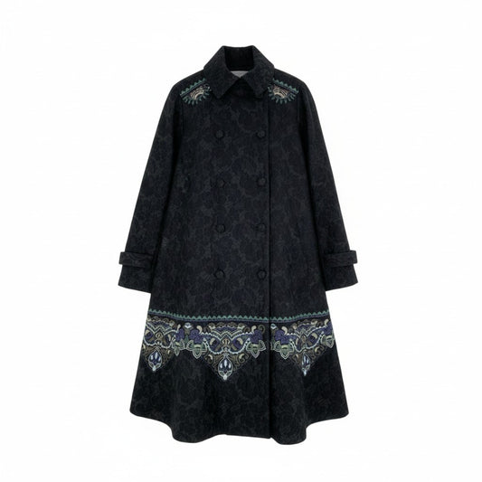 82k28 TOKUKO 1er VOL トクコプルミエヴォル ロングコート Aライン アウター フラワージャガード 刺繍 9 ブラック レディースu02t