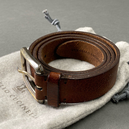 h3-3 BRUNELLO CUCINELLI ブルネロクチネリ レザーベルト 90 ブラウン Leather Belt イタリア製 小物