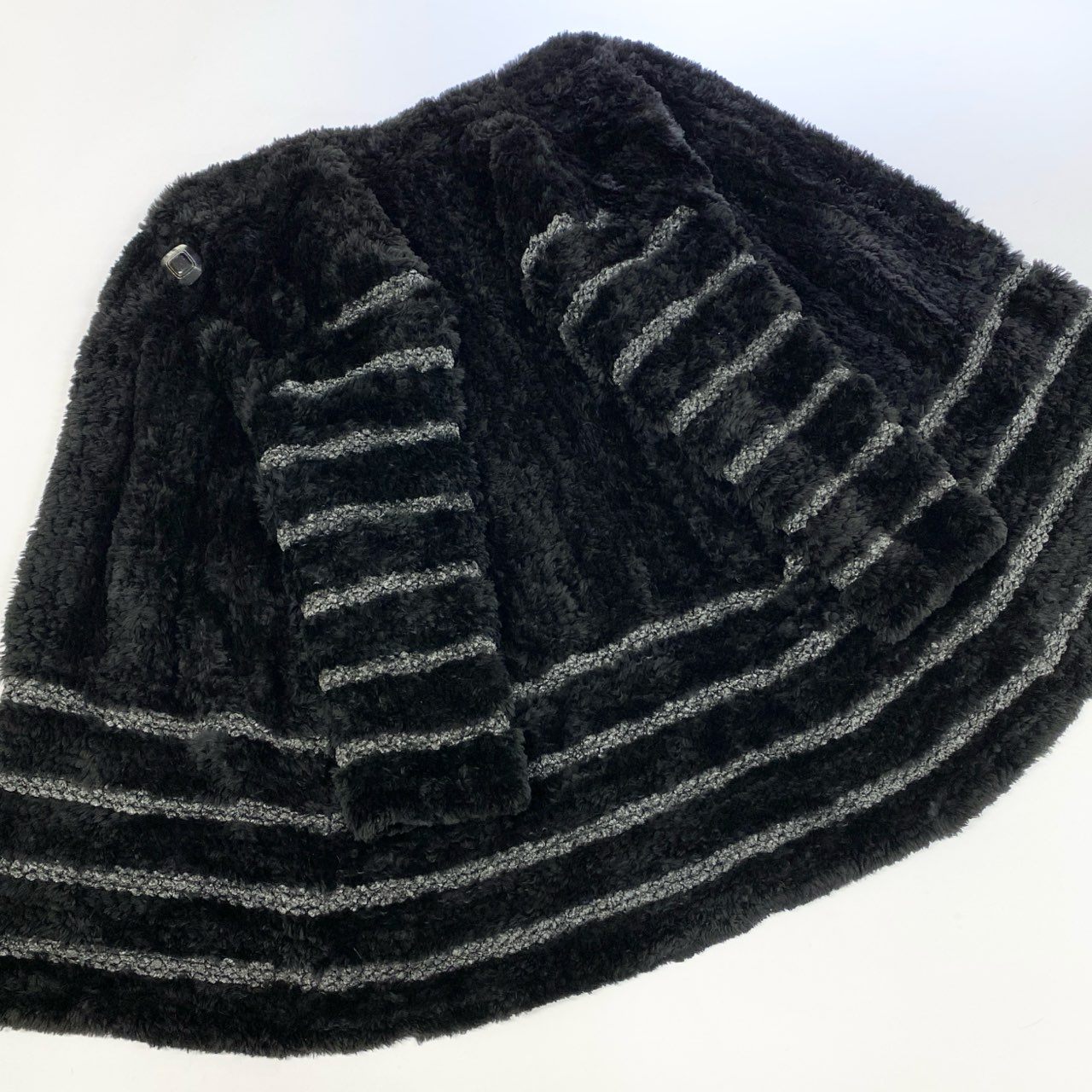 44k14 Erom Roche エロムロシェ ヌートリア ファーコート 毛皮コート 装飾ボタン ボーダー 11号 ブラック グレー レディースu02t