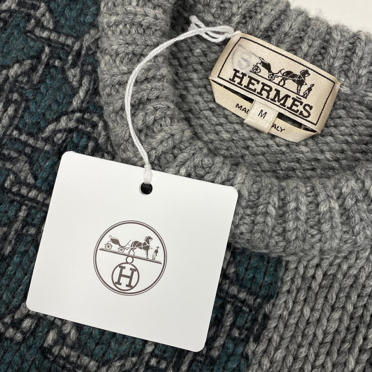 59i15 《未使用品》 HERMES エルメス 23AW Decalcomanie デルコマニー ニット セーター M グレー カシミヤ100 メンズu02t