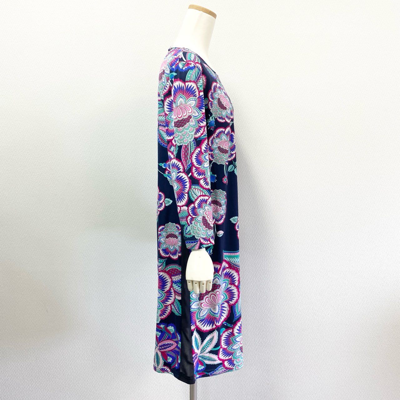 3K18 LEONARD PARIS レオナール インポートライン ロングワンピース 長袖 美しい花柄プリント ストレッチ レディース 女性用 40 ネイビー ナイロン100％u02t