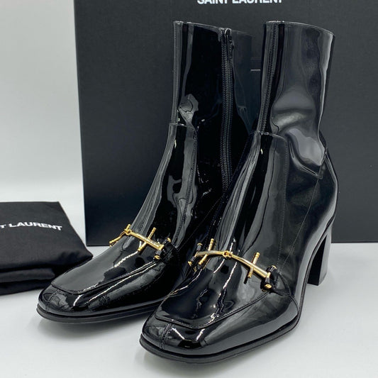 5h29《未使用品》 SAINT LAURENT サンローラン 23SS ホースビット エナメルブーツ 41 ブラック パテントレザー シューズ 箱 保存袋付きt18r