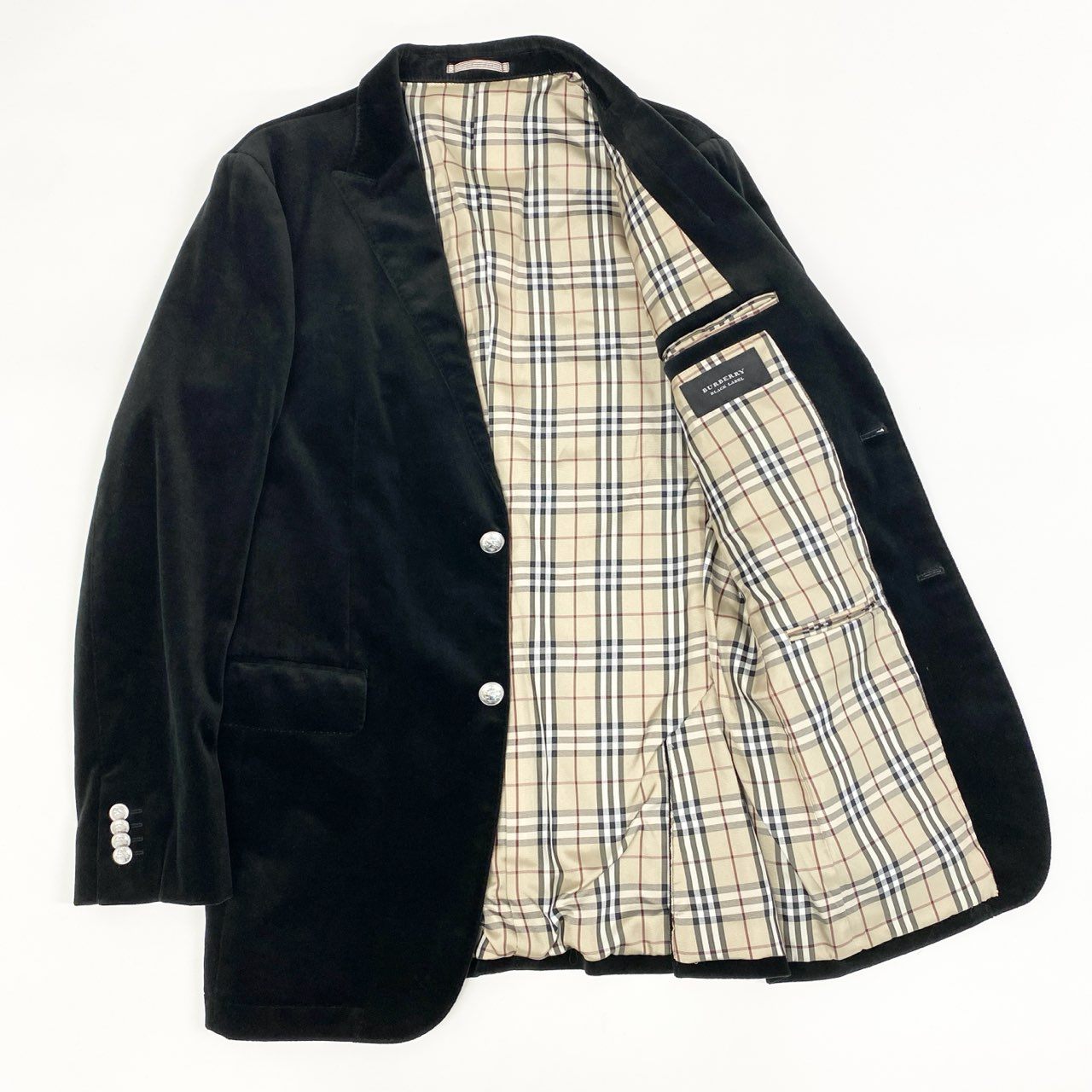 62g18 BURBERRY BLACK LABEL バーバリーブラックレーベル 裏地ノバチェック ベロア テーラードジャケット ブレザー ピークドラペル 大きいサイズ LL ブラック メンズ