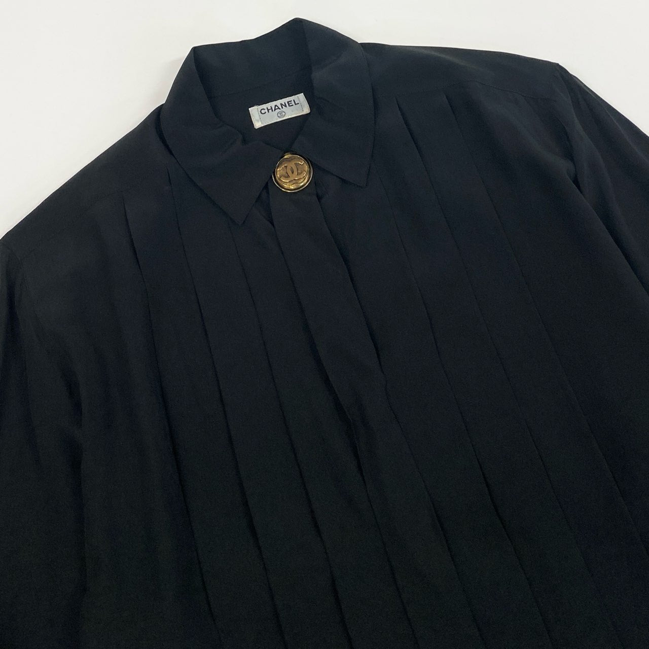 Cb15 Vintage CHANEL シャネル ココマークボタン ドレスシャツ 長袖ブラウス トップス ブラック レディースta1