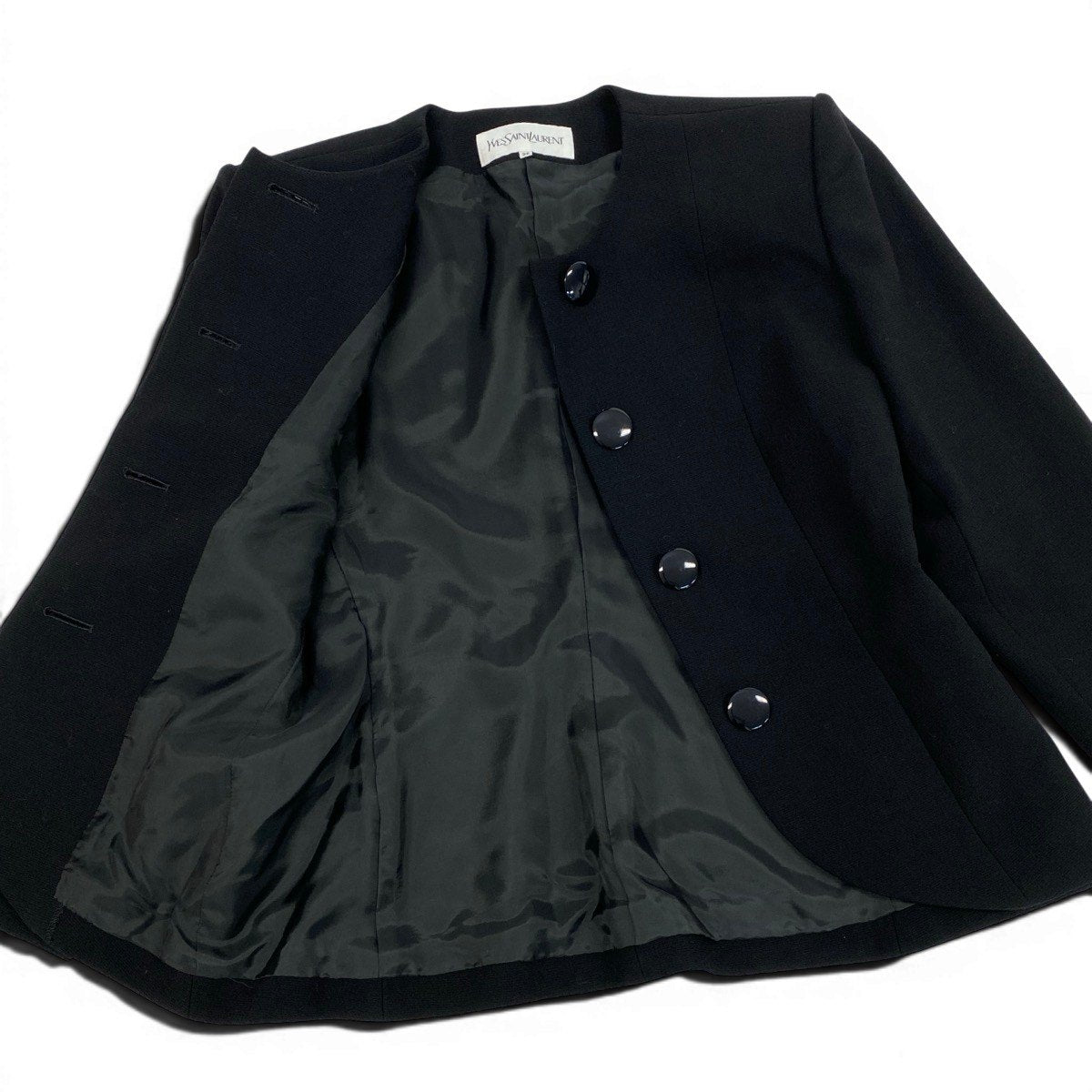 19f4 YVES SAINT LAURENT イヴサンローラン ノーカラージャケット フォーマル サイズ36 ブラック ウール100％ レディース 女性服o07t