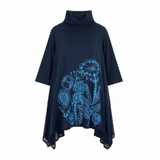 64k19 TOKUKO 1er VOL トクコプルミエヴォル 7分袖ワンピース フレアワンピース ハイネック 花柄 メッシュ切替 レディース 女性用 9 ネイビーu02t