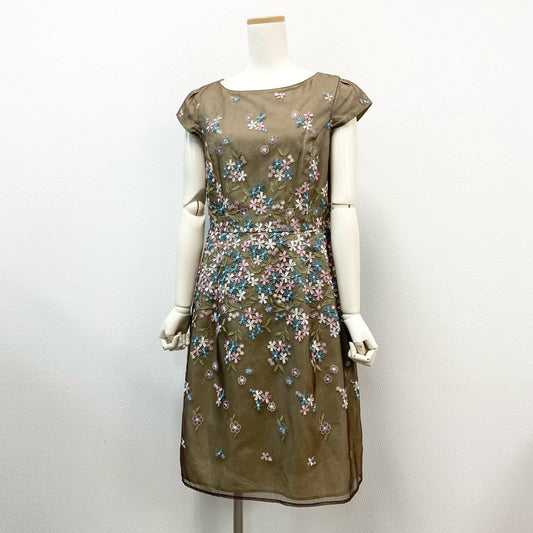 80j17 TOCCA トッカ フラワー刺繍 フレアワンピース 半袖ワンピース オーガンジー 花柄 レディース 女性用 6 カーキ系u02t