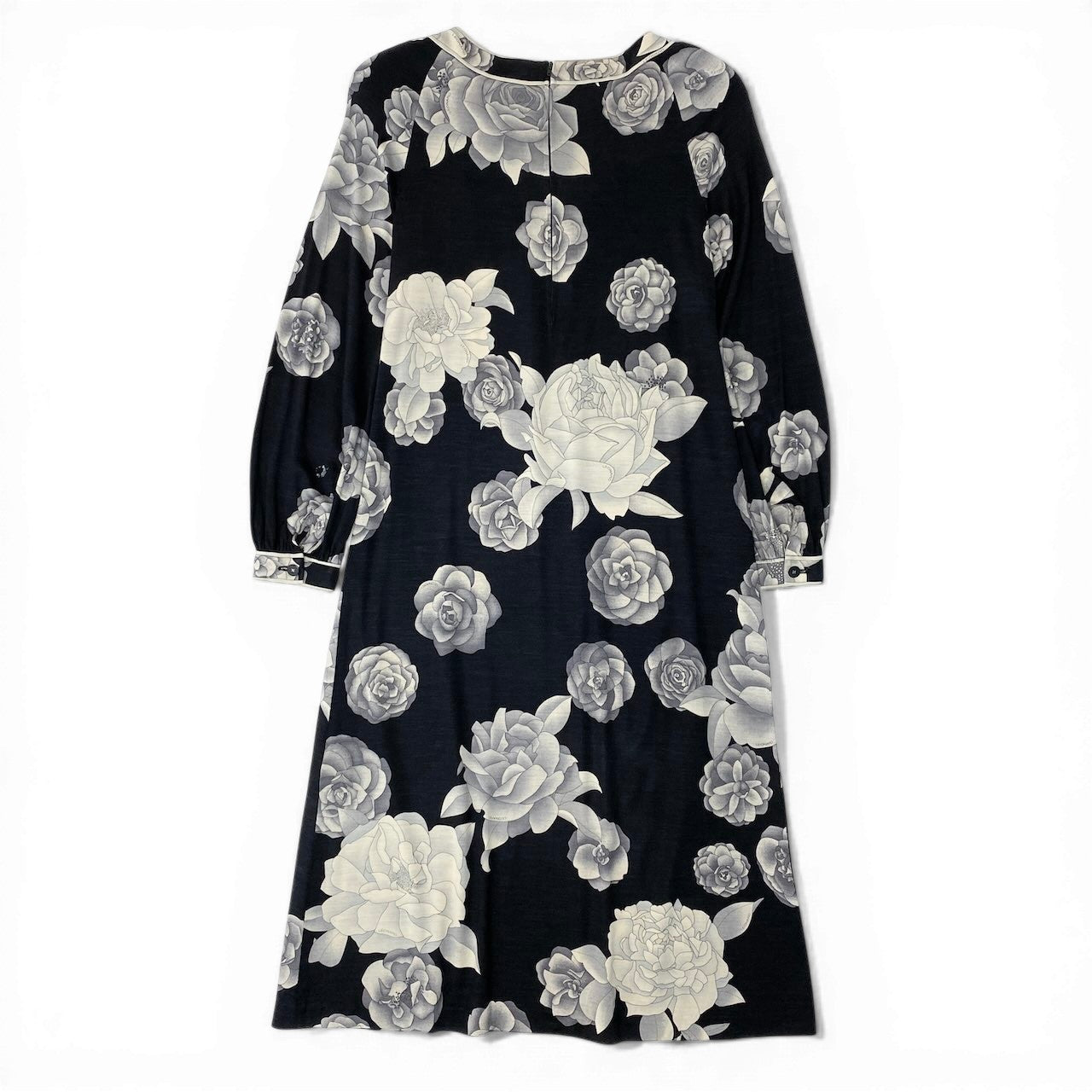 76d9 LEONARD FASHION レオナール 長袖ワンピース ロングワンピース 花柄プリント 薔薇 ウールシルク混 LL ブラック レディース 女性用o07t