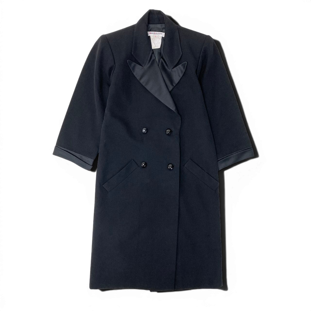 14f15 SAINT LAURENT サンローラン リヴゴーシュ ヴィンテージ ダブルブレスト チェスターコート ロングコート サイズ36 ブラック レディース 女性用u02t