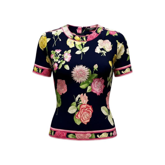 27f17 【美品】 LEONARD FASHION レオナール 半袖Tシャツ クルーネック カットソー 美しい花柄プリント サイズM ネイビー コットン100％ レディース 女性服u02t