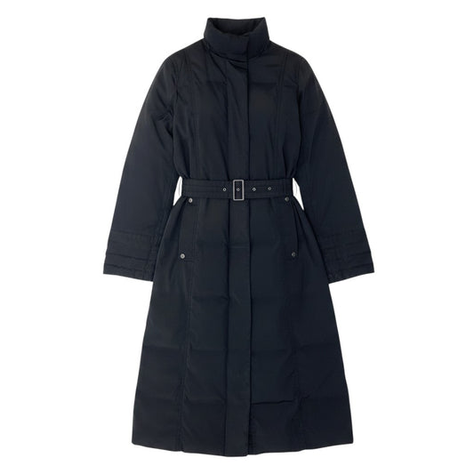 90g27 BURBERRY LONDON バーバリー ウエストリボン ロング ダウンコート 裏地ノバチェック サイズ38 ブラック レディース女性用o07t