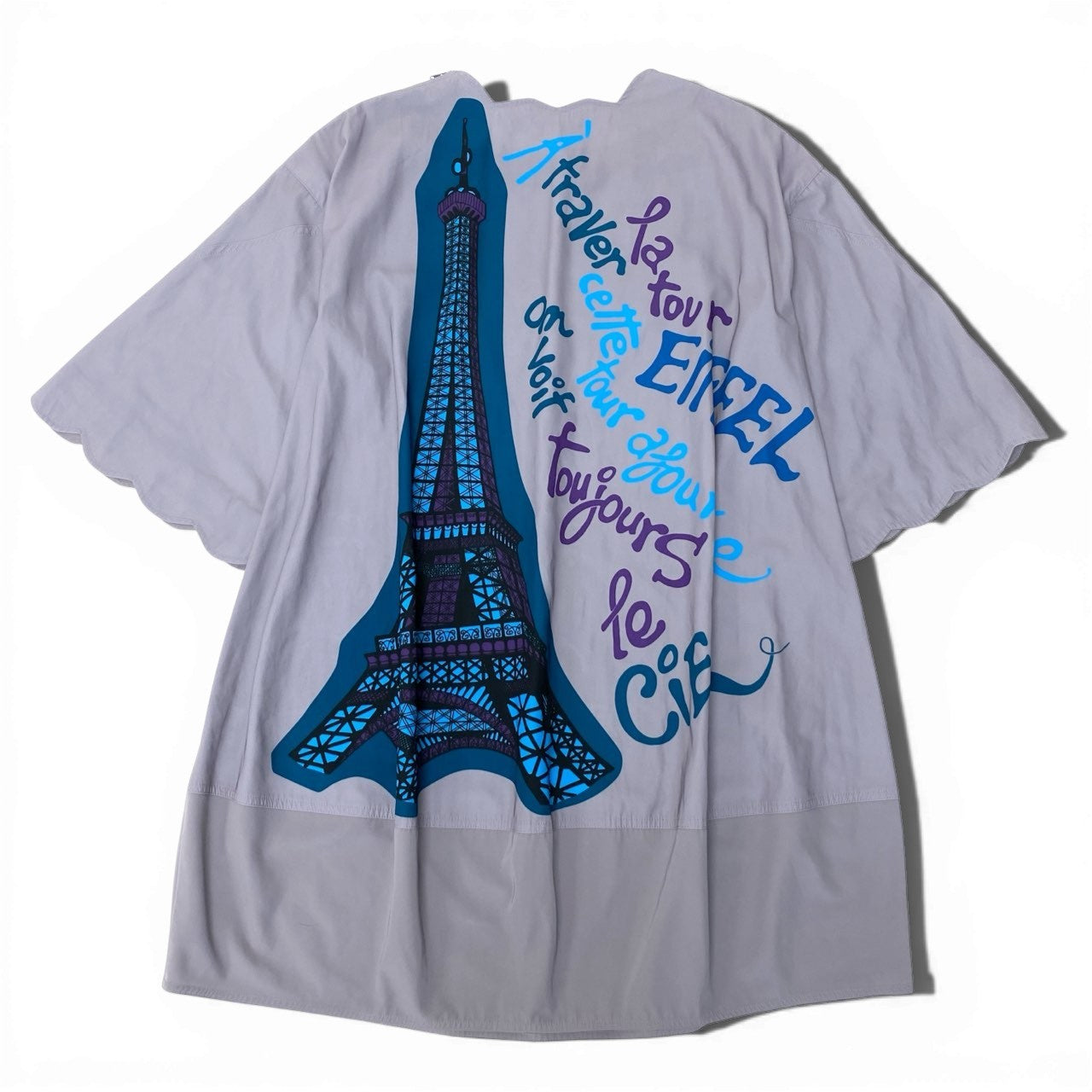 33c10【美品】 TOKUKO 1er VOL トクコプルミエヴォル 7分袖 ワンピース オーバーサイズ 身幅ゆったり エッフェル塔プリント ストレッチ レディース 女性服 サイズ9 パープルu02t