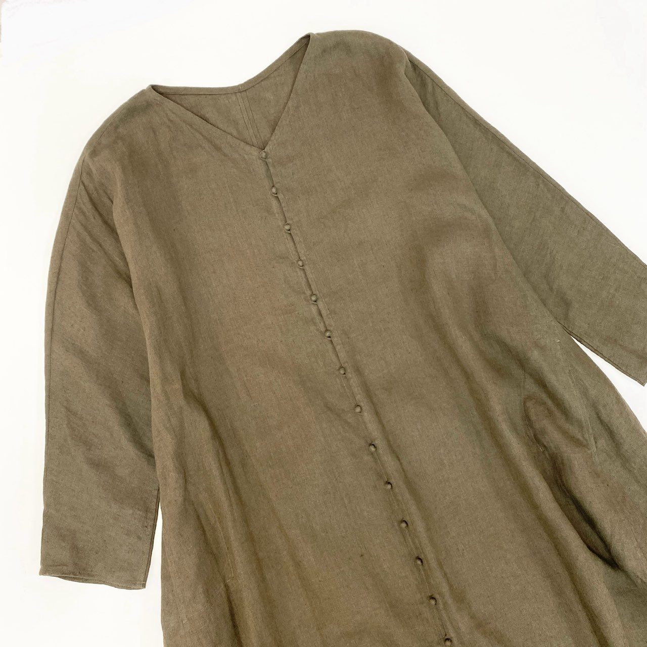 28k29【美品】JURGEN LEHL ヨーガンレール 長袖リネンワンピース ロングワンピース フレア リネン100％ J0103FA011 Mサイズ カーキ レディースu02t