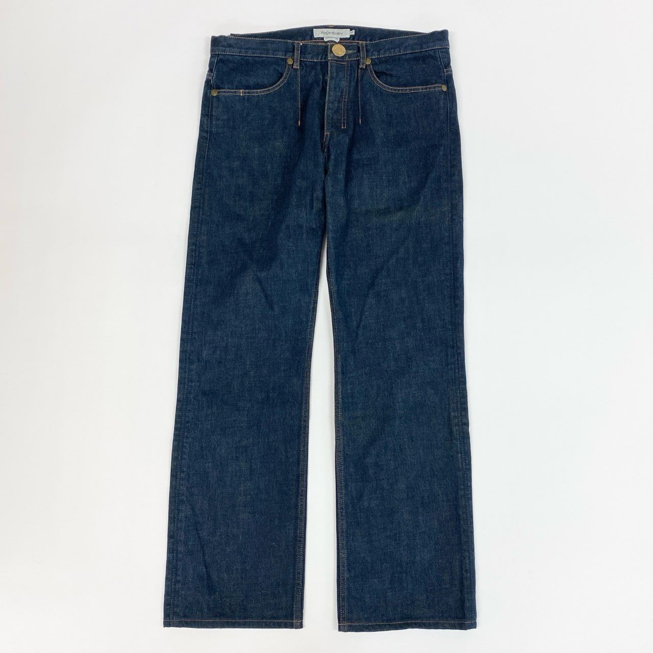 11j6 Yves Saint Laurent イヴサンローラン 日本製 ストレート デニムパンツ ボトムス ジーンズ ロゴボタン YSL カサンドラ 48 Mサイズ相当 インディゴブルー コットン メンズo07t