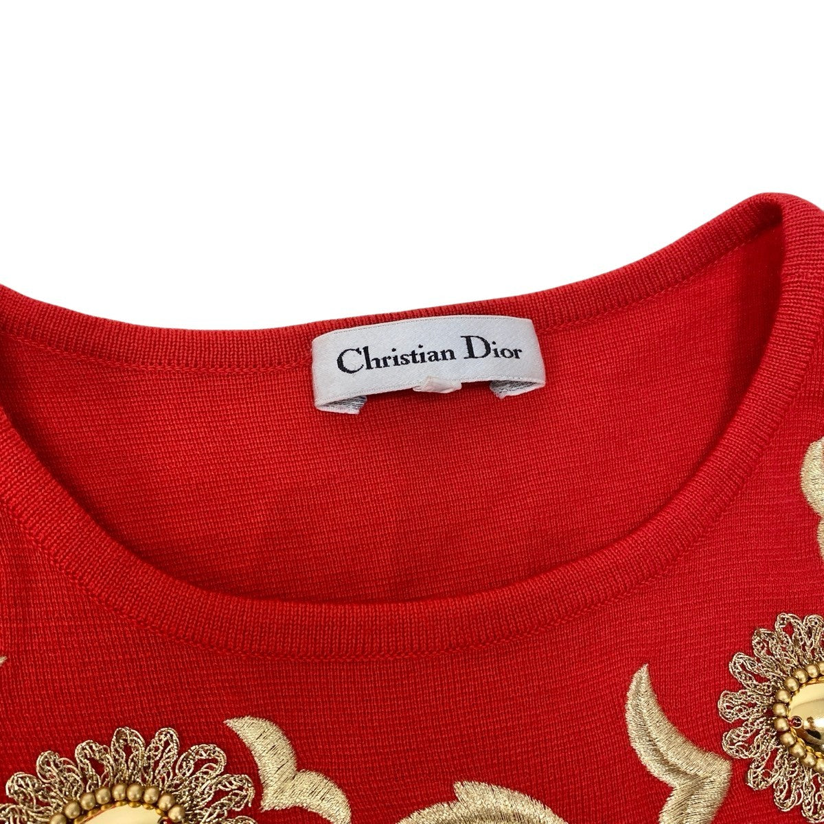 83h25 Christian Dior クリスチャンディオール ロングスリーブ ニットワンピース ゴールド刺繍 サイズM レッド ウール100％ レディースo07t
