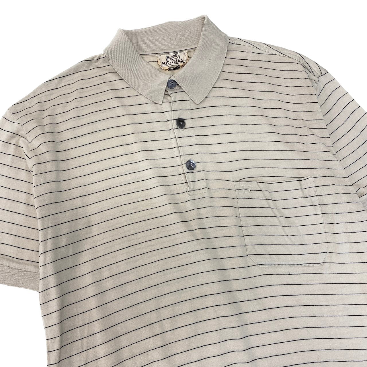 68g4 HERMES エルメス Hロゴ刺繡 半袖ポロシャツ ボーダー柄 サイズL ベージュ コットン100％ メンズ 紳士服o07t
