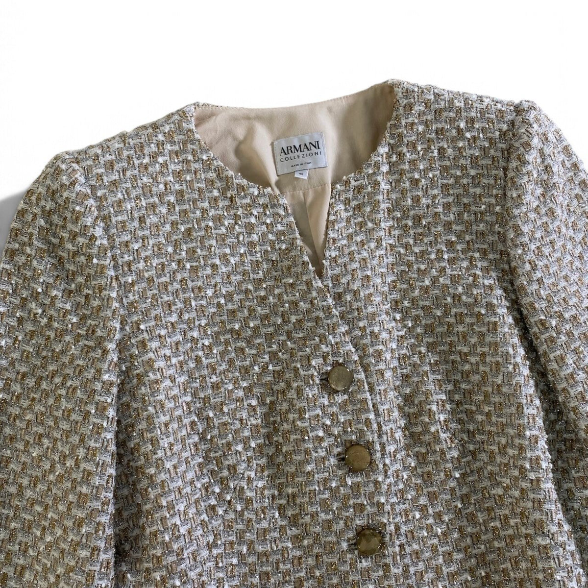 8j26 ARMANI COLLEZIONI アルマーニコレツィオーネ ノーカラージャケット ラメツイード サイズ40 マルチカラー レディースu02t