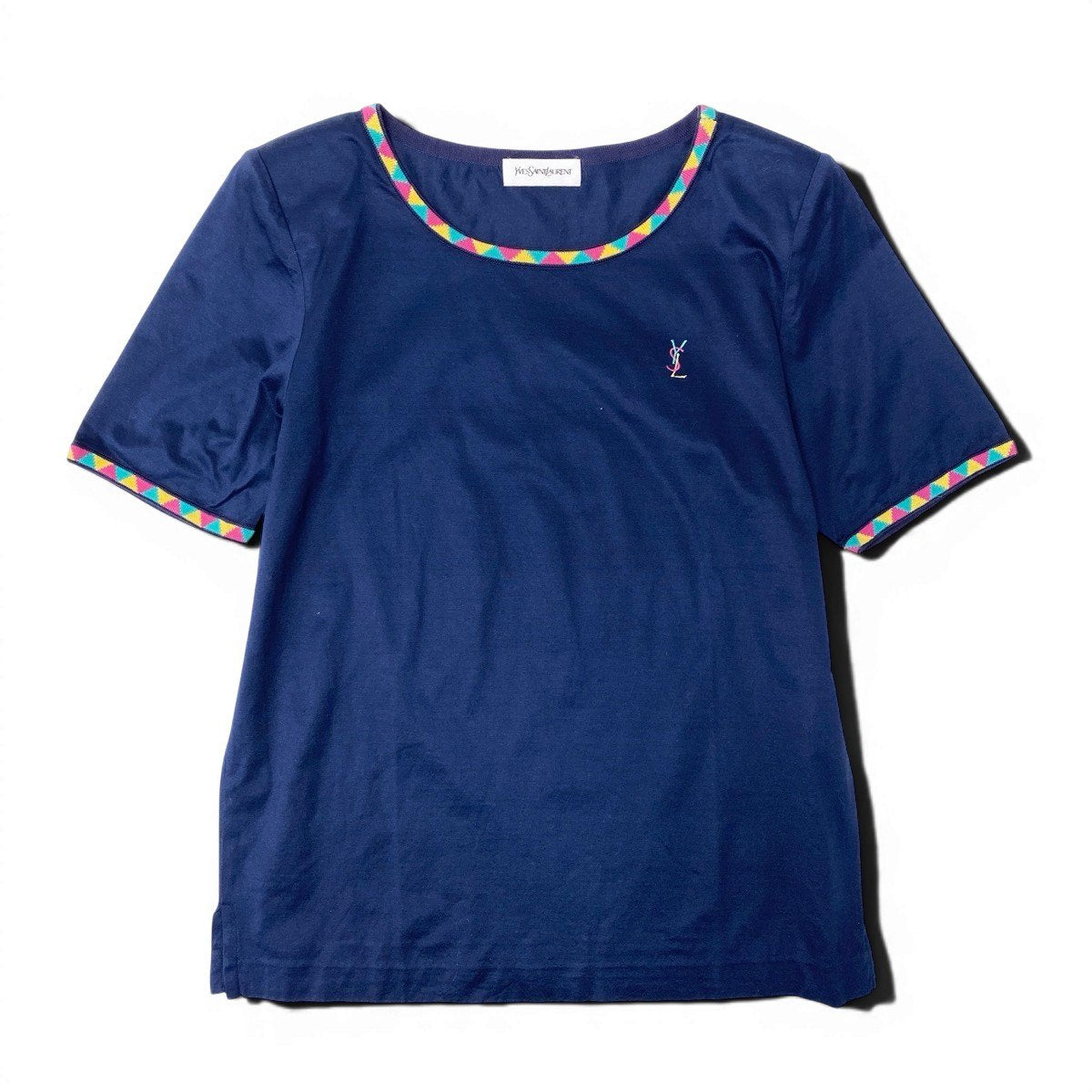 If11 Yves Saint Laurent イヴサンローラン YSLロゴ刺繍 Tシャツ 半袖カットソー トップス Mサイズ ネイビー  コットン レディースo07t
