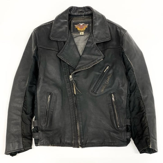 67g24 HARLEY DAVIDSON ハーレーダビッドソン 90周年記念 ダブルライダースjケット レザー ロゴ刺繍 M ブラック 牛革 メンズ_