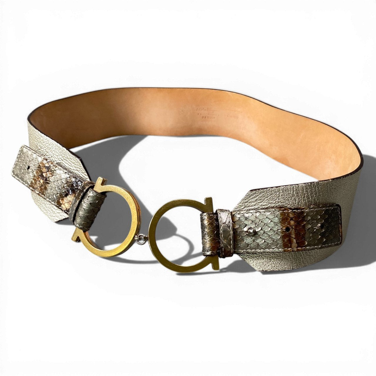 d9 Salvatore Ferragamo サルヴァトーレフェラガモ ガンチーニ バックル パイソンレザー ベルト 80 シャンパンゴールド パイソン レザーu02t