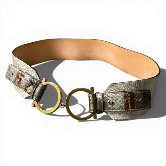 d9 Salvatore Ferragamo サルヴァトーレフェラガモ ガンチーニ バックル パイソンレザー ベルト 80 シャンパンゴールド パイソン レザーu02t