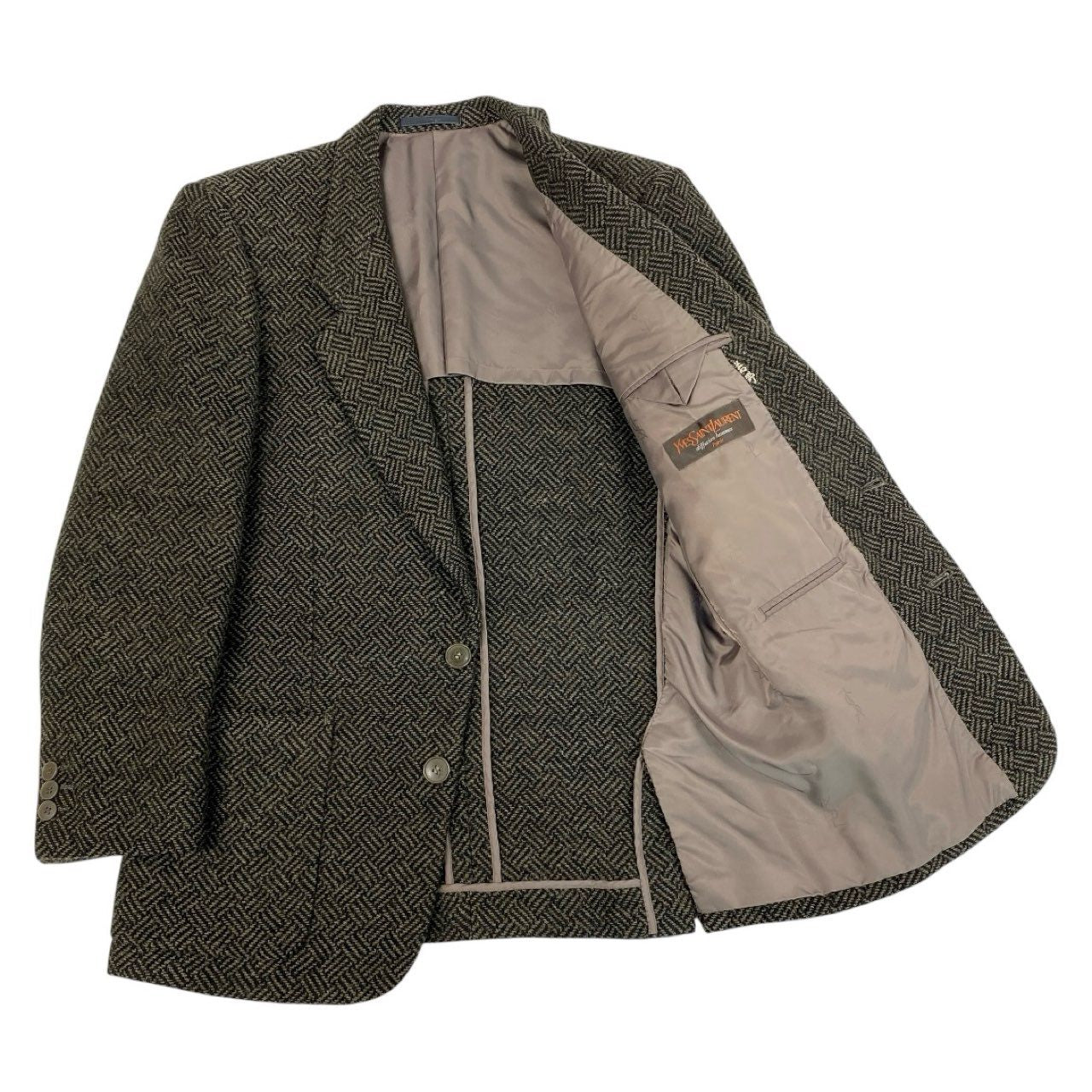 84k5 Yves Saint Laurent イヴサンローラン テーラードジャケット ブレザー ヘリンボーン VINTAGE C94 Lサイズ相当 ブラウン ウール メンズo07t