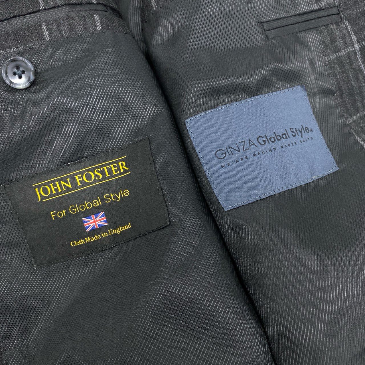 4k23 GINZA Global Style 銀座グローバルスタイル 英国製生地 JOHN FOSTER セットアップスーツ シングル 2B チェック柄 メンズ 紳士服 ダークグレー ウールu02t