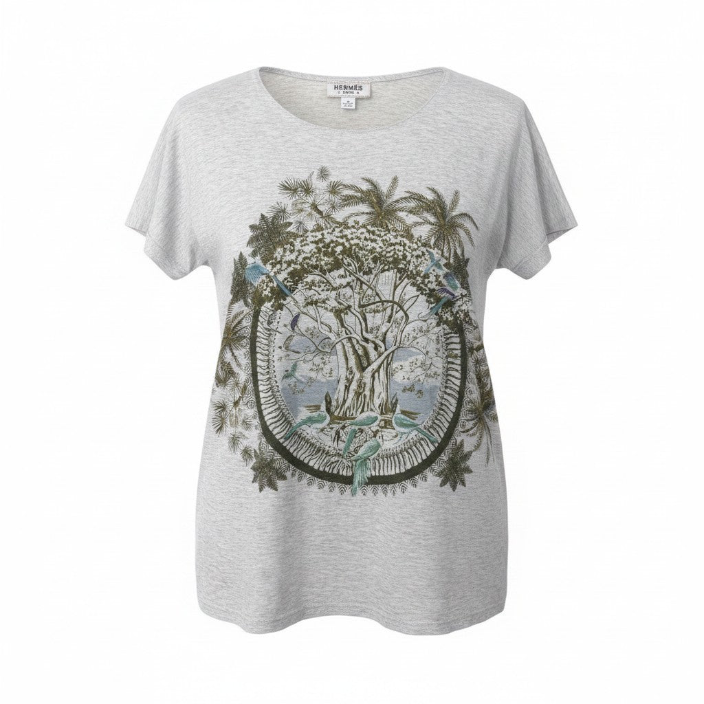34g18 HERMES エルメス プリントTシャツ クルーネック カットソー ボタニカル柄 サイズ36 ライトグレー コットン100％ レディースu02t