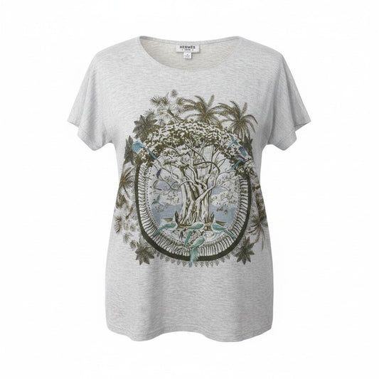 34g18 HERMES エルメス プリントTシャツ クルーネック カットソー ボタニカル柄 サイズ36 ライトグレー コットン100％ レディースu02t