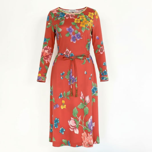 63d13 LEONARD PARIS レオナール ロングスリーブワンピース 美しい花柄プリント ウエストリボン付 イタリア製 サイズ40 オレンジ系 シルク100％ レディース 女性用u02t