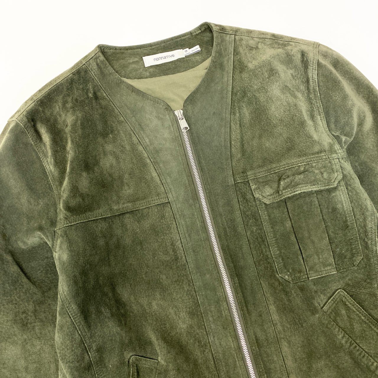 84b27 nonnative ノンネイティブ スウェードレザー レザージャケット ノーカラージャケット サイズ2 カーキグリーン メンズ アウター 羽織k02i